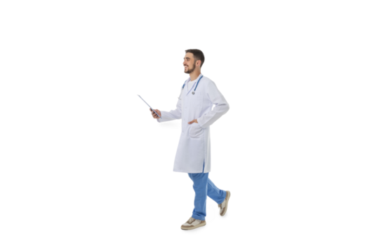 Doctor using a pointer while walking in clinical attire, isolated, PNG