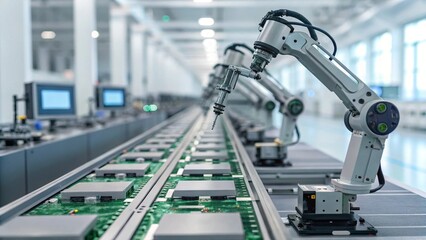 Fototapeta premium Wide Shot of Robotic Arms Assembling Circuit Boards on Modern Microelectronics Production Line