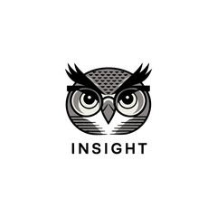 Owl insight logo, stylized owl face, monochrome lines, knowledge intelligence symbol, analytics brand mark, minimal vector design