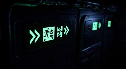 Naklejka premium Emergency exit signs illuminate in a dark environment indicating direction and safety for various applications