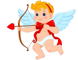 A cartoon baby angel with golden hair aiming a heart-tipped arrow