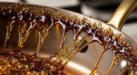 Close-up of hardened caramel dripping down the side of a stainless steel pan, creating intricate patterns.