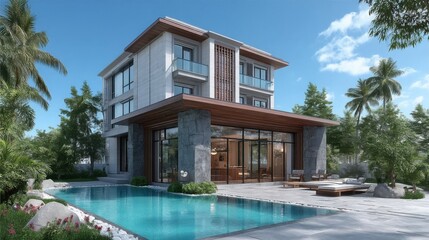 Fototapeta premium Elegant modern residential building with clean lines, large glass windows, light-colored stone facade, wooden accents,