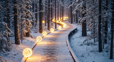A winding path through a snowy forest illuminated by string lights.