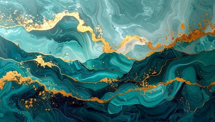 Abstract flowing teal and gold design resembling layered mountains