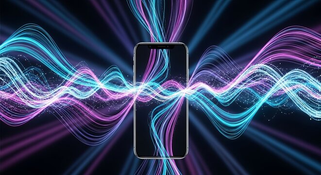 A smartphone surrounded by flowing neon light trails in shades of blue and purple on dark background