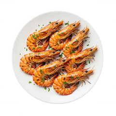Cooked prawns arranged on a white plate with parsley garnish isolated on a transparent background shrimp