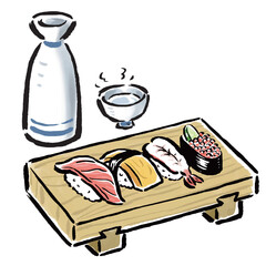 寿司下駄にのった寿司と日本酒（熱燗）