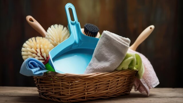 Essential cleaning tools organized in a rustic basket ready for sparkling results and a spotless home. - Powered by Adobe