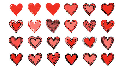 A collection of diverse red and pink heart shapes with varying textures and styles isolated on white background