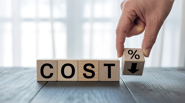 Cost reduction concept with wooden blocks and percentage symbol
