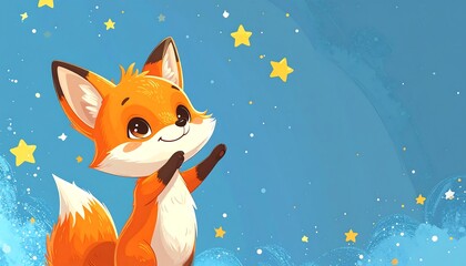 A cartoon fox reaching up toward glowing stars in a dreamy sky