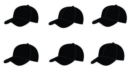 Six black baseball caps arranged in a grid on a white background