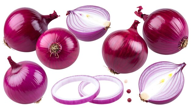 Assorted red onions are pictured against a white background, showcasing whole, sliced, and ring forms of the vegetable