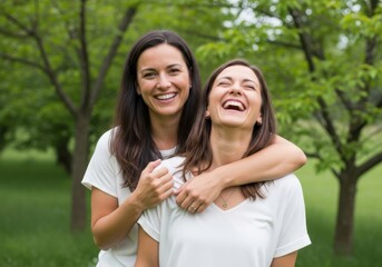Fototapeta premium Two cheerful women in white tshirts embrace and laugh outdoors in a lush green park on a bright sunny day with trees behind them