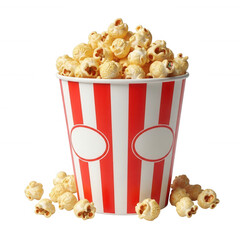 Red striped bucket overflowing with popcorn kernels scattered around isolated on a transparent background