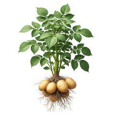 Green potato plant with tubers and roots isolated on a transparent background leaves