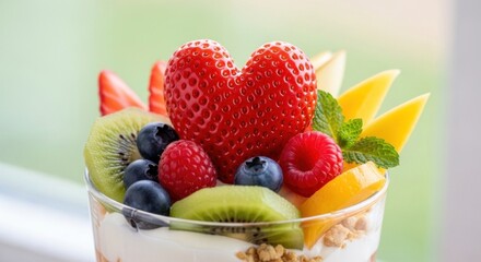 A heart-shaped strawberry on top of a yogurt parfait with fresh fruits and granola.