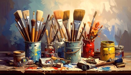 Assortment of artist's brushes in paint-splattered containers on a wooden surface, studio setup