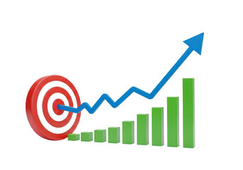 Red target with blue arrow graph showing upward trend and green bar chart isolated on transparent background