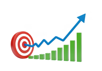 Red target with blue arrow graph showing upward trend and green bar chart isolated on transparent background