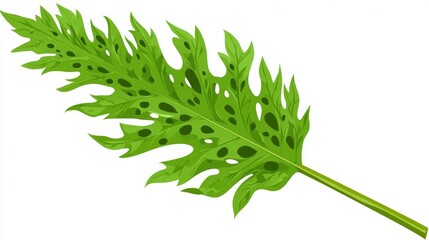 A vibrant green, deeply lobed and perforated tropical plant leaf on a white background, showcasing its unique texture and form.
