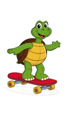 A cartoon turtle rides a skateboard, smiling with arms outstretched