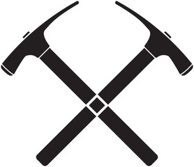 Silhouette of two crossed brick hammers, symbolizing masonry, mining, and construction tools. Ideal for building industry logos, repair icons, worker graphics, or hardware design projects.