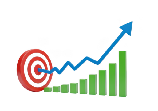 Red target with blue arrow graph showing upward trend and green bar chart isolated on transparent background - Powered by Adobe