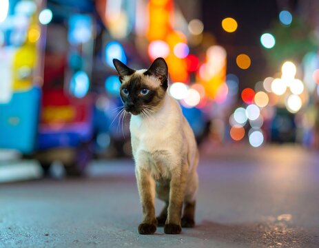 Siamese cat on city street at night - Powered by Adobe