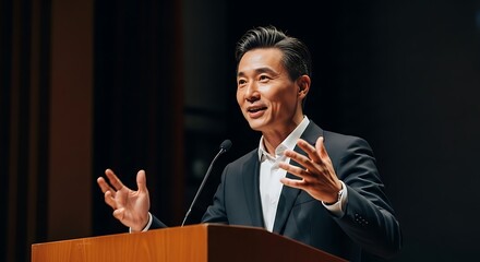 Asian man speaking at podium microphone suit