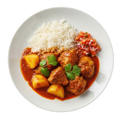 Savory meat stew with fluffy rice and fresh salsa isolated on a transparent background potatoes