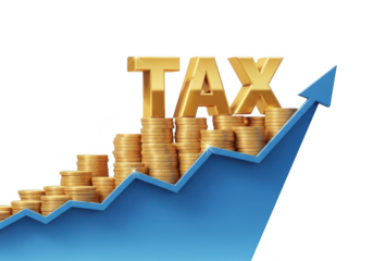 Golden tax lettering atop stacked coins with a rising blue arrow graph isolated on transparent background