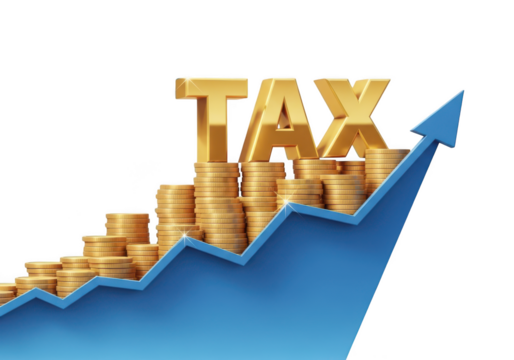 Golden tax lettering atop stacked coins with a rising blue arrow graph isolated on transparent background
