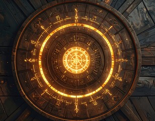 Obraz premium Intricate, glowing symbols encircle a luminous center on a dark wooden disc.