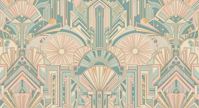 An intricate art deco geometric pattern with symmetrical fan and sunburst motifs in pastel shades of blue, pink, and gold.