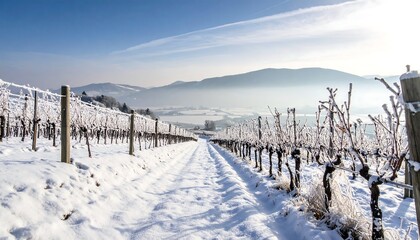 Snowy vineyard landscape on a clear winter day