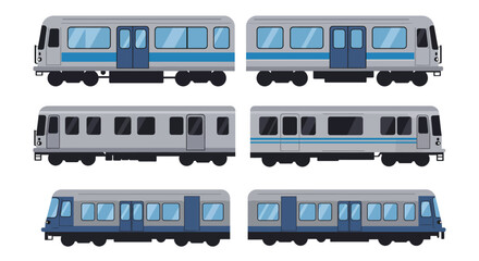 Illustration of various subway car designs in different color schemes