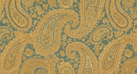 A close-up view of a paisley pattern fabric with intricate details in shades of gold and teal.