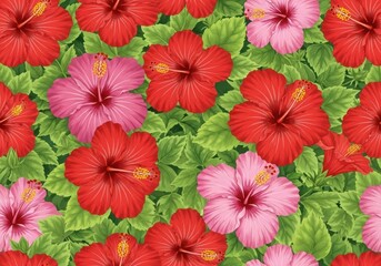 Illustration of seamless pattern with red and pink hibiscus flowers and green leaves design