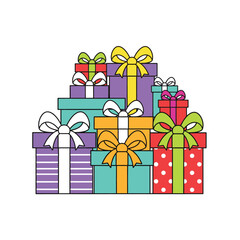 Large Stack of Colorful Gift Boxes with Ribbon Bows Vector Illustration