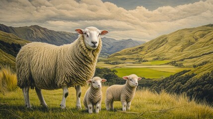 Fototapeta premium Family of sheep standing together in a green grassy field