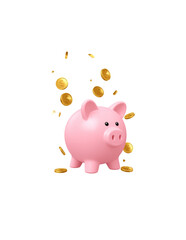 Pink ceramic piggy bank with scattered coins representing savings and investments on white background