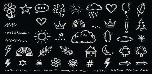 Vibrant collection of hand-drawn chalk doodles representing childhood creativity, featuring rainbows, clouds, and nature icons on a dark background