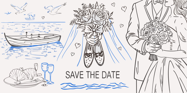 Whimsical wedding save the date design with couple bouquet boat and ocean elements