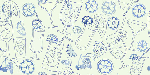 Hand drawn blue outline cocktails and fruits seamless pattern on light background
