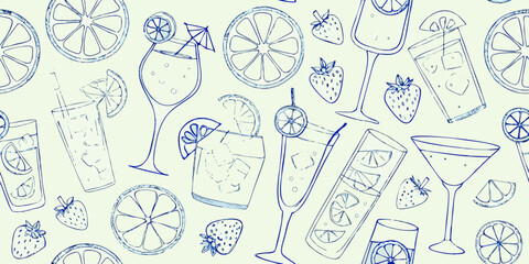 Refreshing summer drinks and fruits hand drawn sketch pattern with citrus slices and strawberries © Barsha