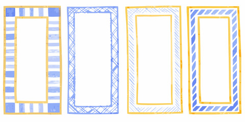 Four hand drawn rectangular frames with blue and yellow watercolor patterns and golden borders
