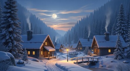 Fototapeta premium A serene winter landscape with snow-covered houses, a bridge, and a moonlit sky.
