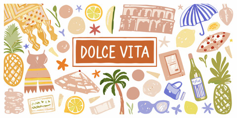 Dolce vita collection of italian summer icons and symbols with a tropical vibe